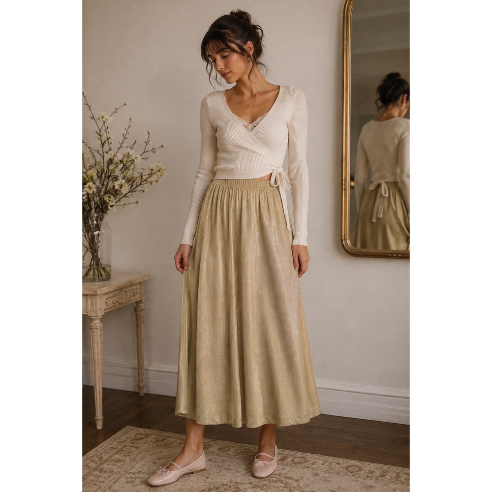 VTG Brylane Metallic Skirt Shimmer Knit Pleated Maxi Midi S Glam Balletcore Y2K